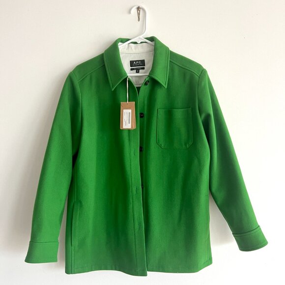 A.P.C. womens Darlene wool shirt jacket with slit pockets, green, 38/6, NWT